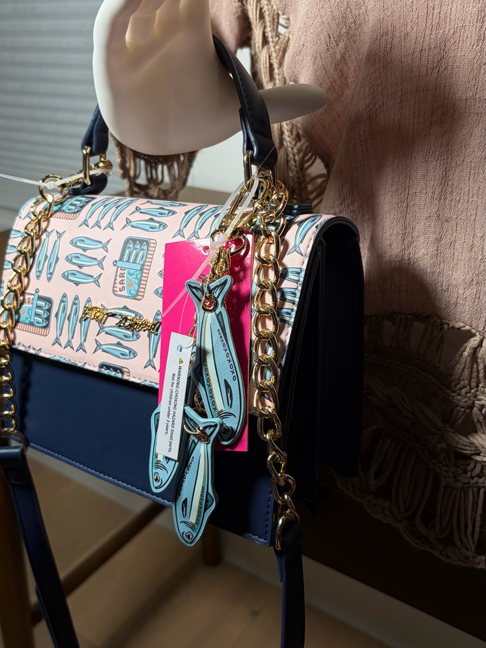 Betsey Johnson SARDINE BAG Pink & Navy Fish-Print Crossbody Satchel - Picture 8 of 15